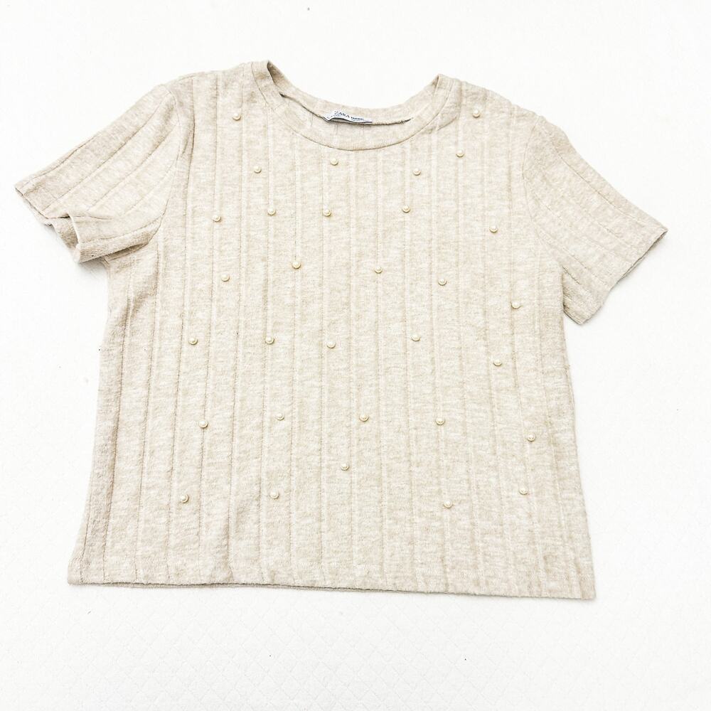 Zara Beige Pearl Studded Short Sleeve Shirt Size Large